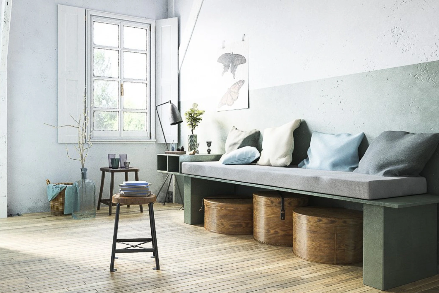 Skandynawski pokój dzienny z pastelami i drewnianą podłogą